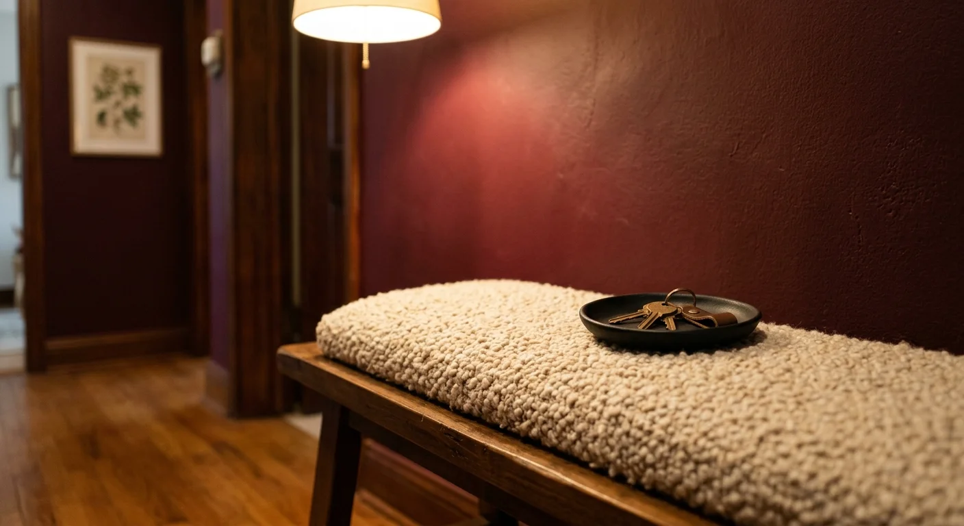 A cozy hallway alcove featuring a rich burgundy wall behind a wooden bench with a creamy oatmeal boucle fabric cushion.