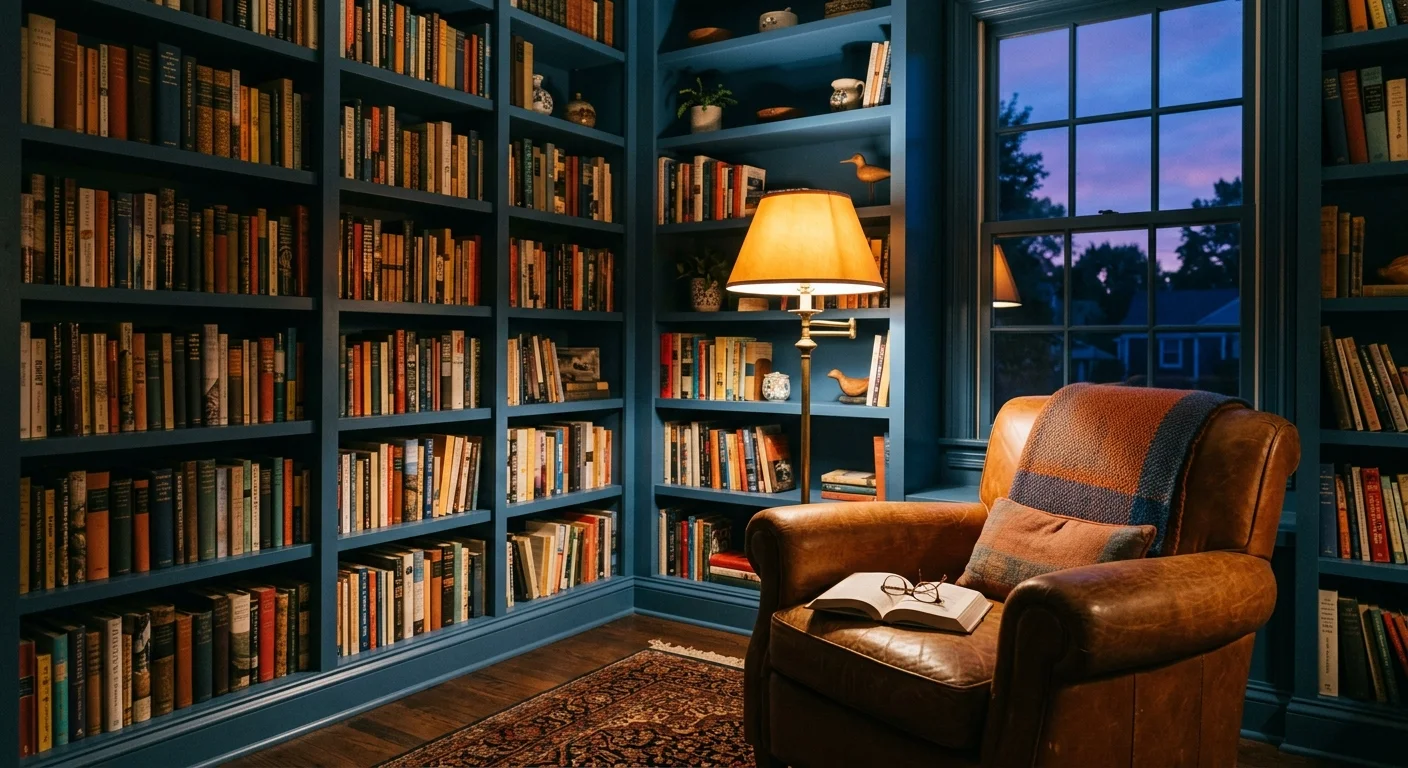 A cozy reading nook with deep marine blue built-in bookshelves, a leather armchair, and a glowing brass floor lamp at twilight.