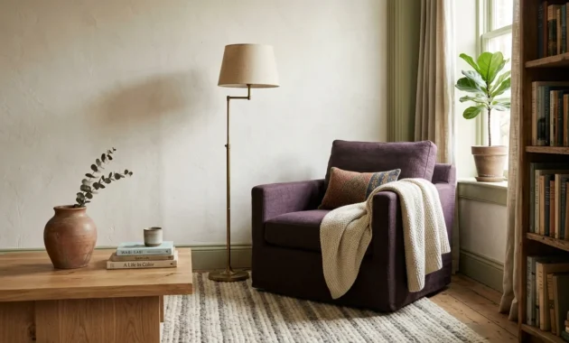 A cozy reading nook with olive green trim, a terracotta vase on an oak table, and a deep aubergine armchair against warm plaster walls.