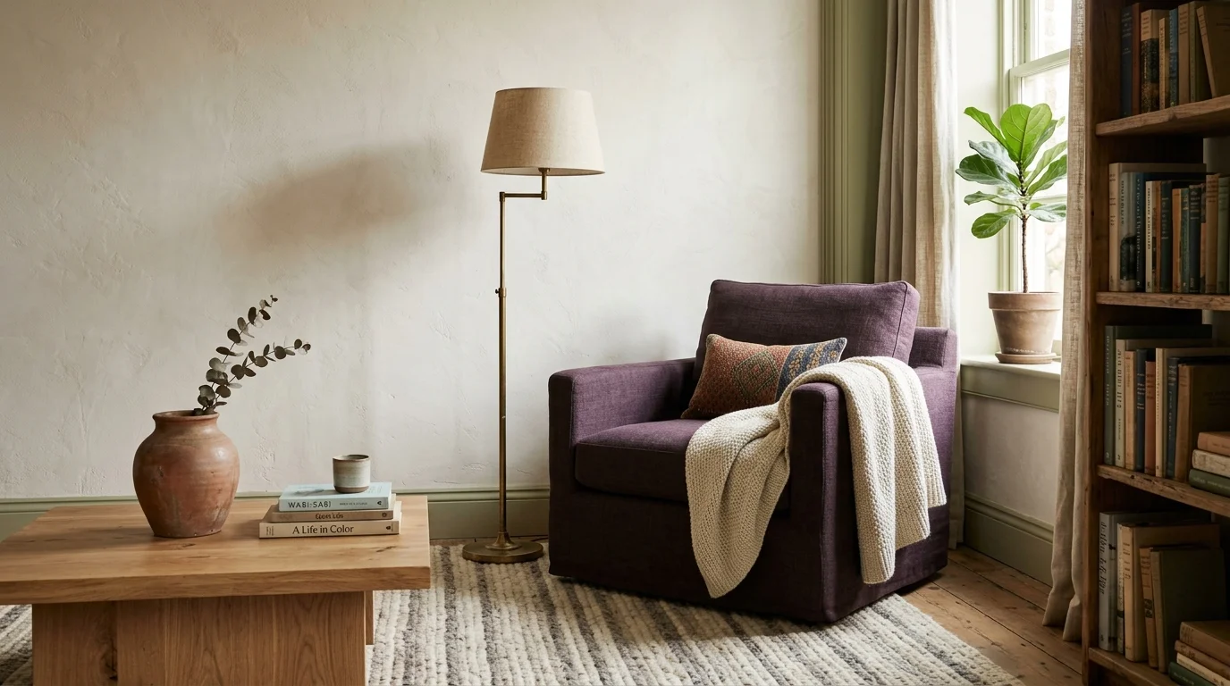 A cozy reading nook with olive green trim, a terracotta vase on an oak table, and a deep aubergine armchair against warm plaster walls.