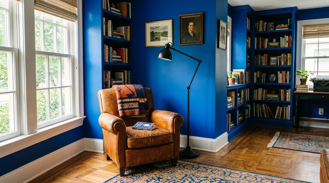 A cozy reading nook with vibrant cobalt blue walls, crisp white trim, and a warm cognac leather armchair.