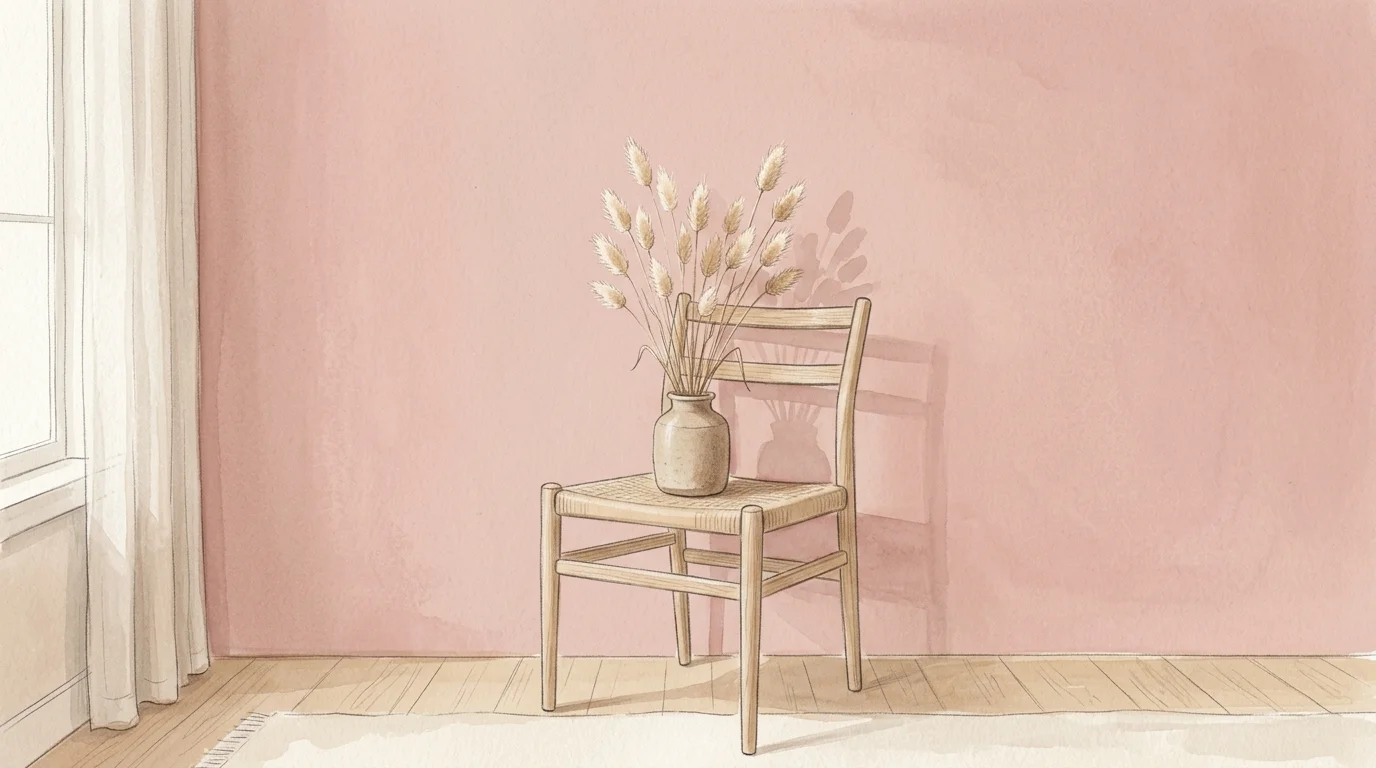 A delicate gouache illustration of a dusty rose wall behind a simple oak chair with a vase of dried grasses.
