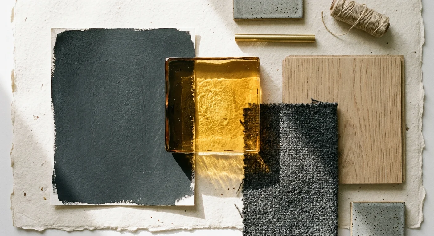 A design mood board with a charcoal grey paint card, a glowing piece of amber glass, and dark grey wool fabric.