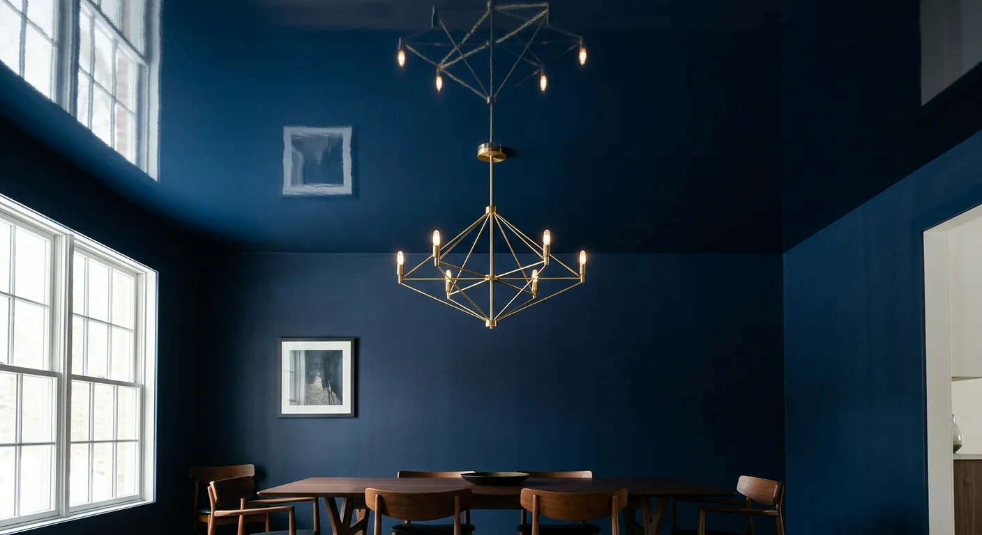 A dramatic navy blue dining room featuring velvety matte walls contrasted with a highly reflective, mirror-like lacquered navy ceiling.