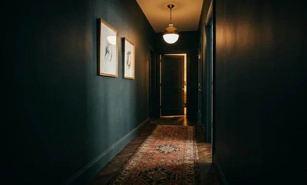 A dramatic yet welcoming dark hallway with charcoal-teal walls, a vintage runner rug, herringbone wood floors, and warm brass lighting.