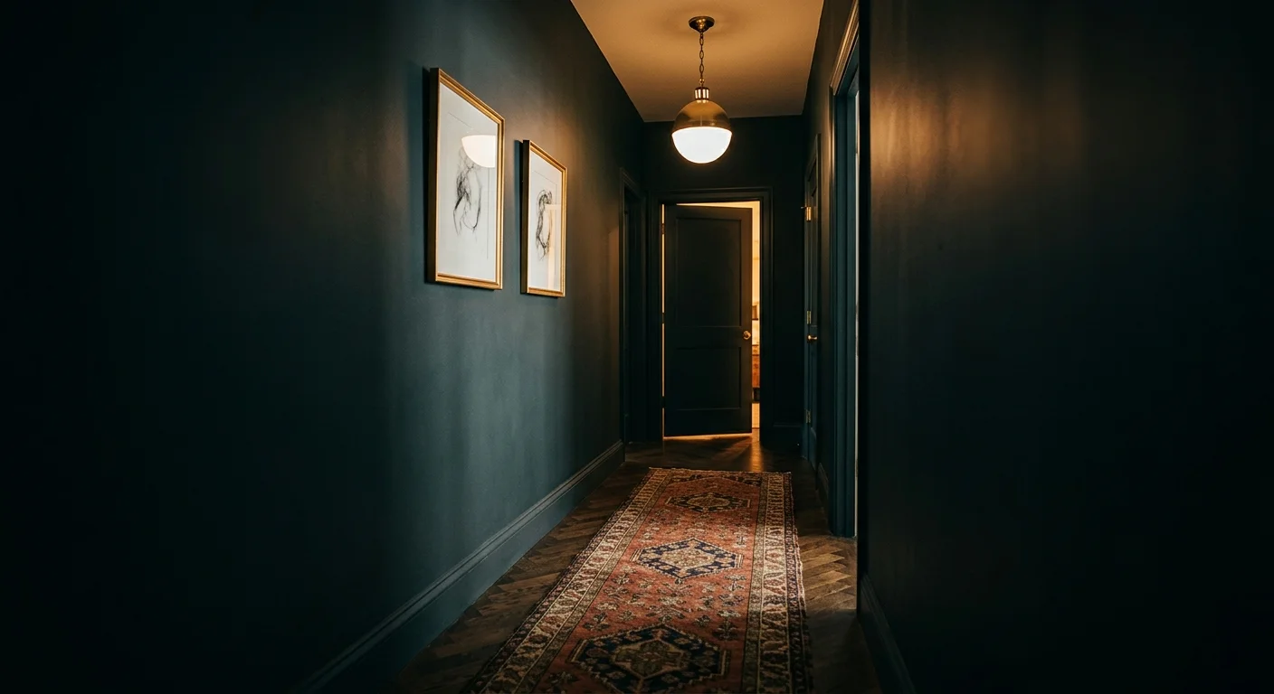 A dramatic yet welcoming dark hallway with charcoal-teal walls, a vintage runner rug, herringbone wood floors, and warm brass lighting.