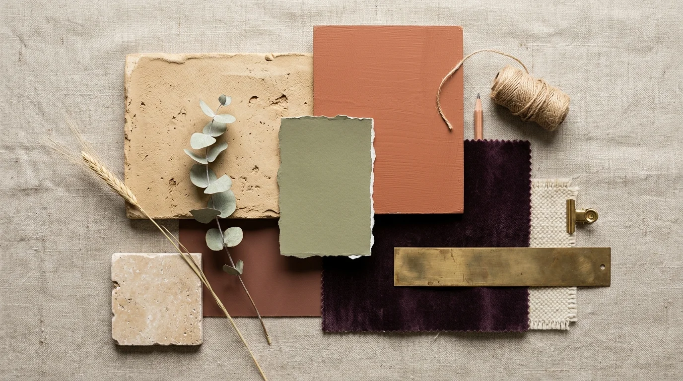 A flat-lay design mood board showing paint swatches of terracotta, olive green, aubergine velvet fabric, brass, and plaster samples.