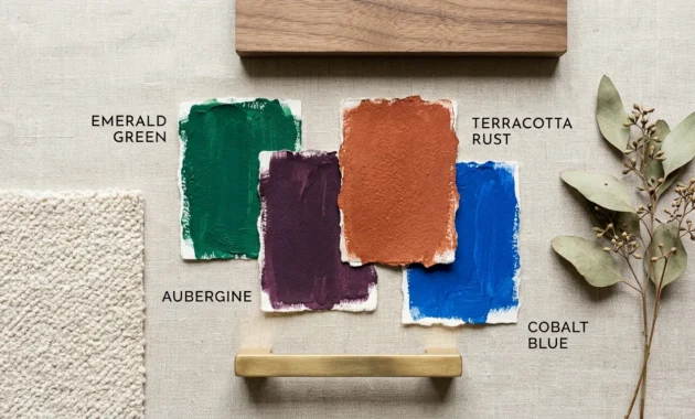 A flat-lay interior design mood board featuring bold paint swatches, brass hardware, bouclé fabric, and walnut wood on a linen background.