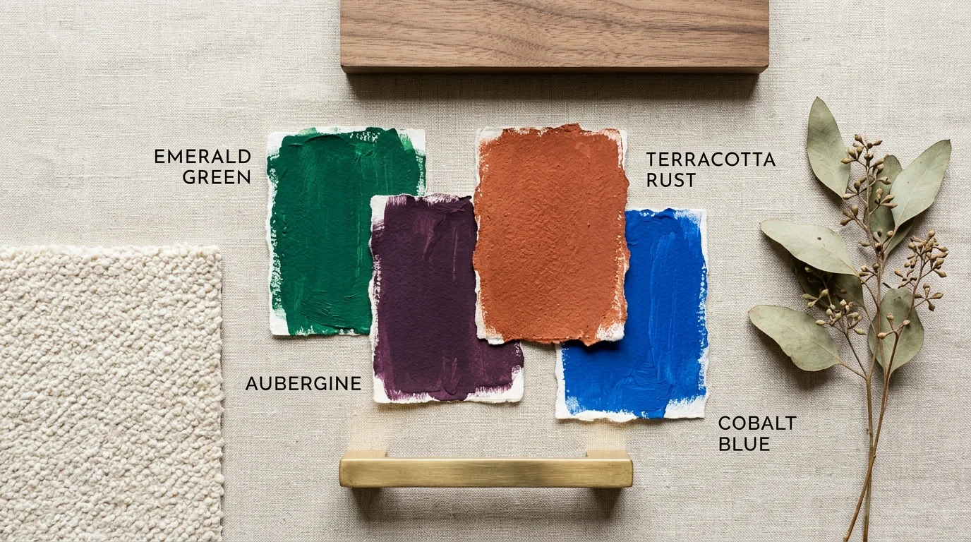 A flat-lay interior design mood board featuring bold paint swatches, brass hardware, bouclé fabric, and walnut wood on a linen background.
