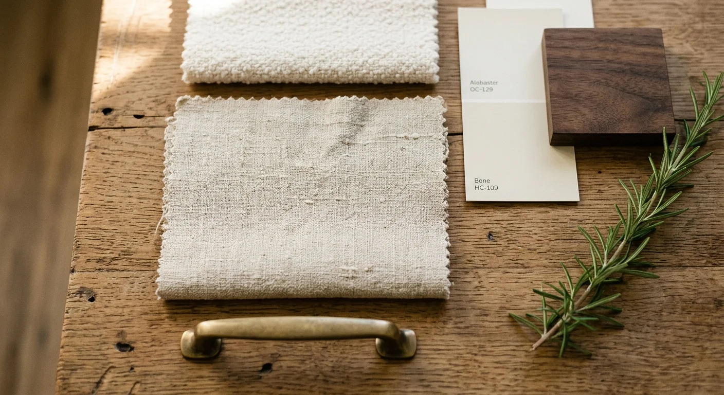A flat lay of interior design samples including oatmeal linen, ivory boucle, wood, brass hardware, and warm paint swatches.