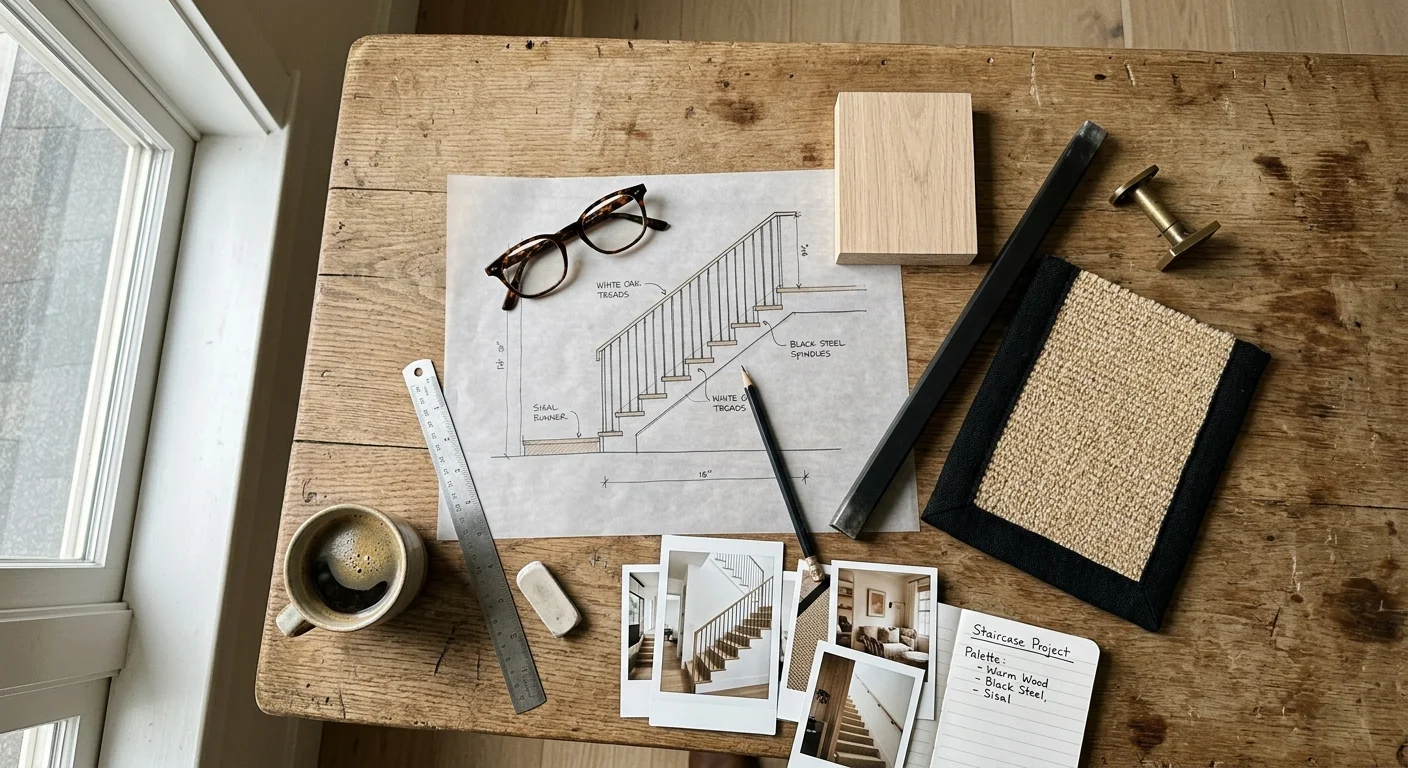A flat-lay photo of a designer's mood board showing white oak wood, matte black metal spindles, a sisal runner sample, and a sketch.