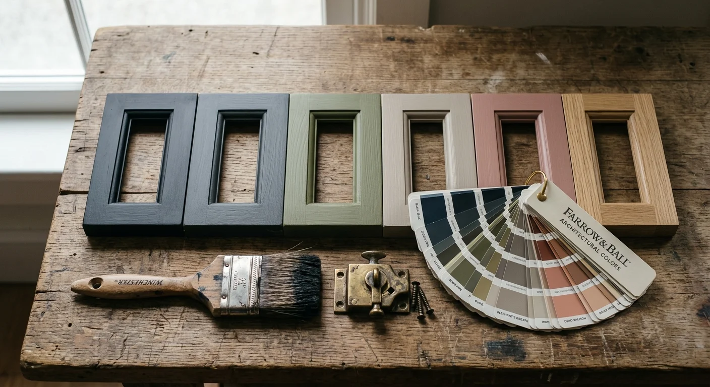 A flat-lay photo of paint swatches, a paintbrush, a brass window lock, and wood samples on a weathered workshop table.