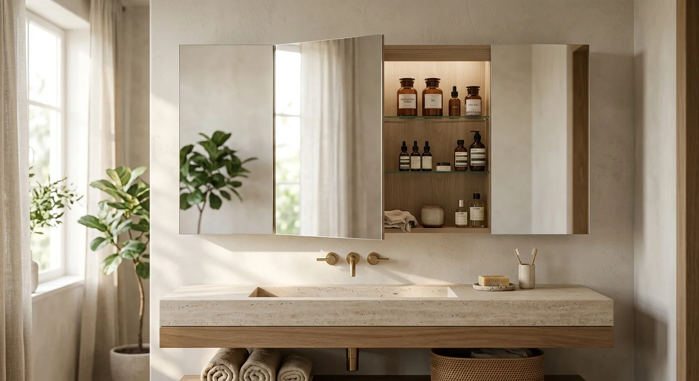 A frameless bathroom mirror cabinet with one panel open, showing organized skincare bottles on glass shelves.