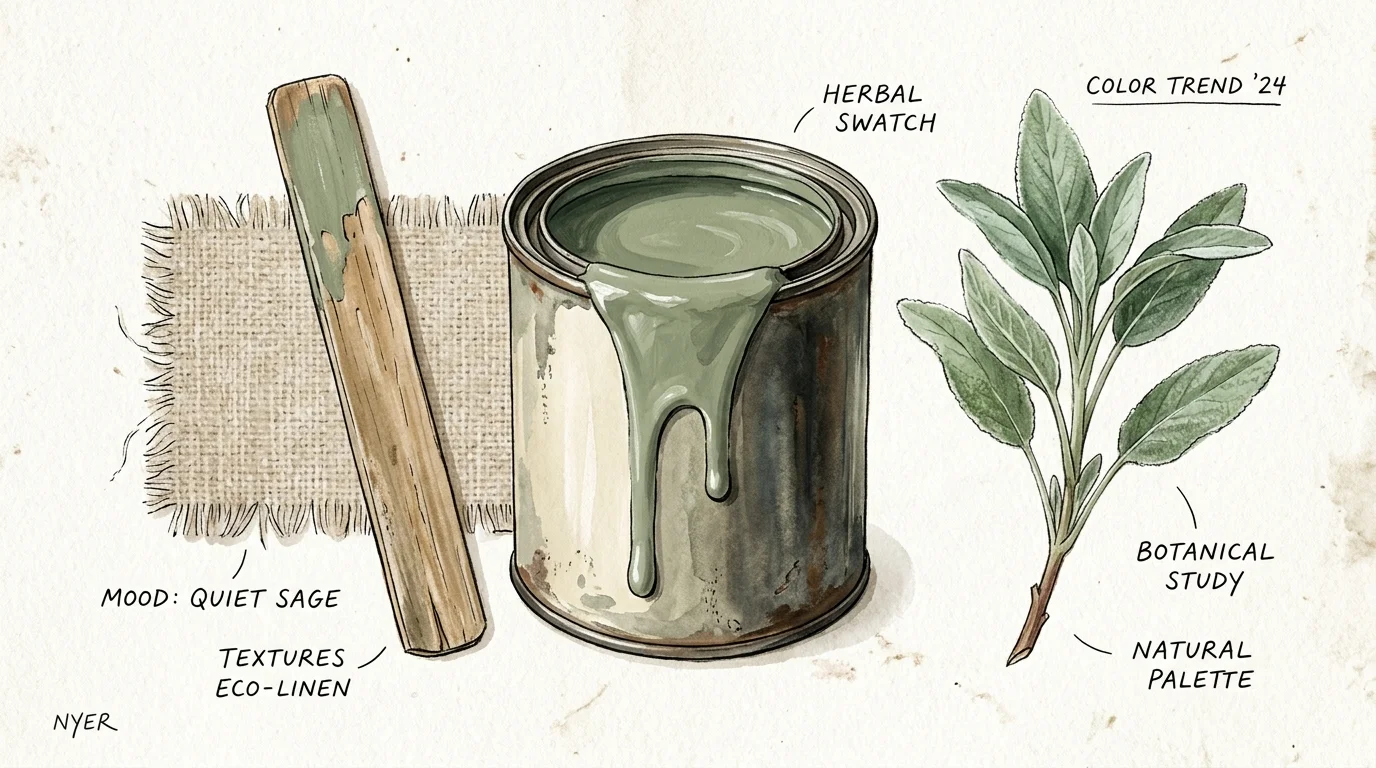 A gouache and ink flat-lay illustration of a Quiet Sage paint can, linen fabric swatch, and fresh sage leaves.