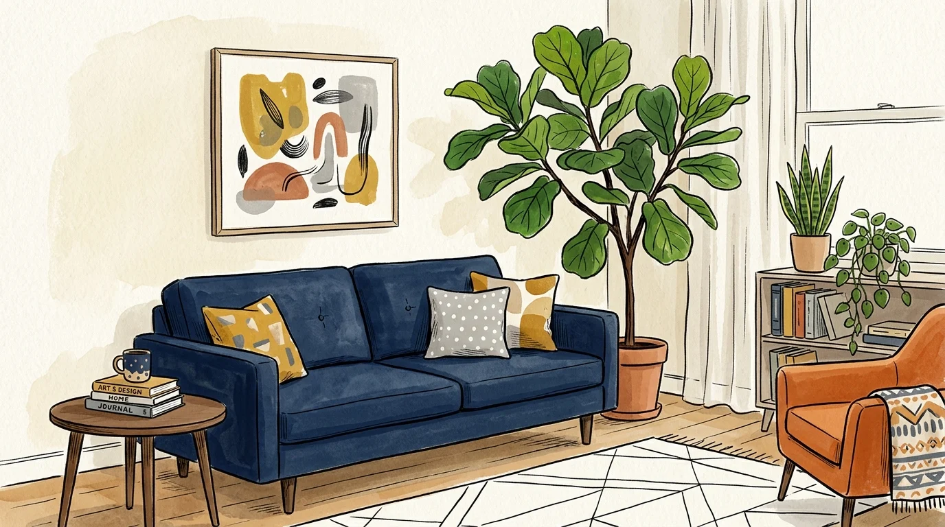 A gouache and ink illustration of a deep navy blue sofa in a stylish living room with a fiddle-leaf fig plant and abstract wall art.