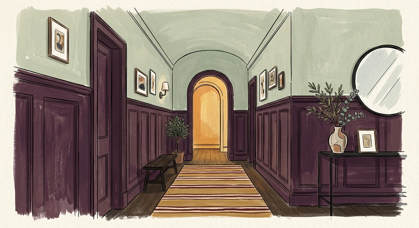 A gouache illustration of a hallway with deep aubergine wainscoting on the bottom and muted sage green on the upper walls.