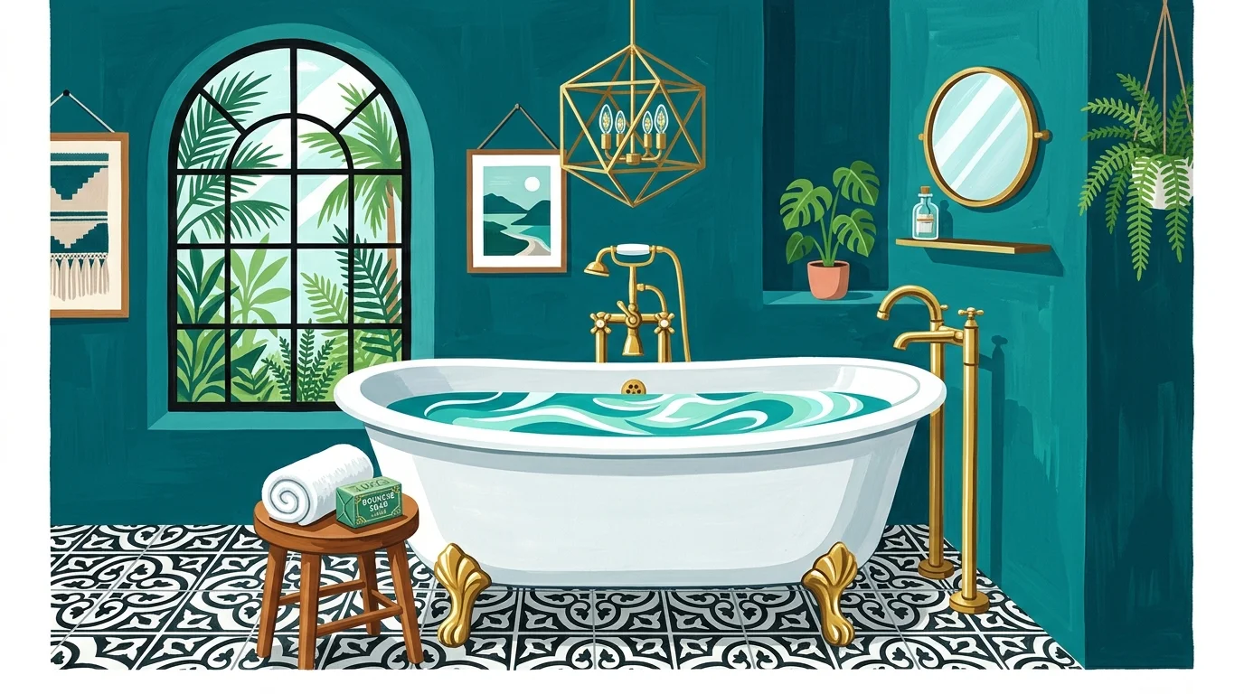 A gouache illustration of a luxury bathroom with peacock teal walls, a brass clawfoot tub, and patterned floor tiles.