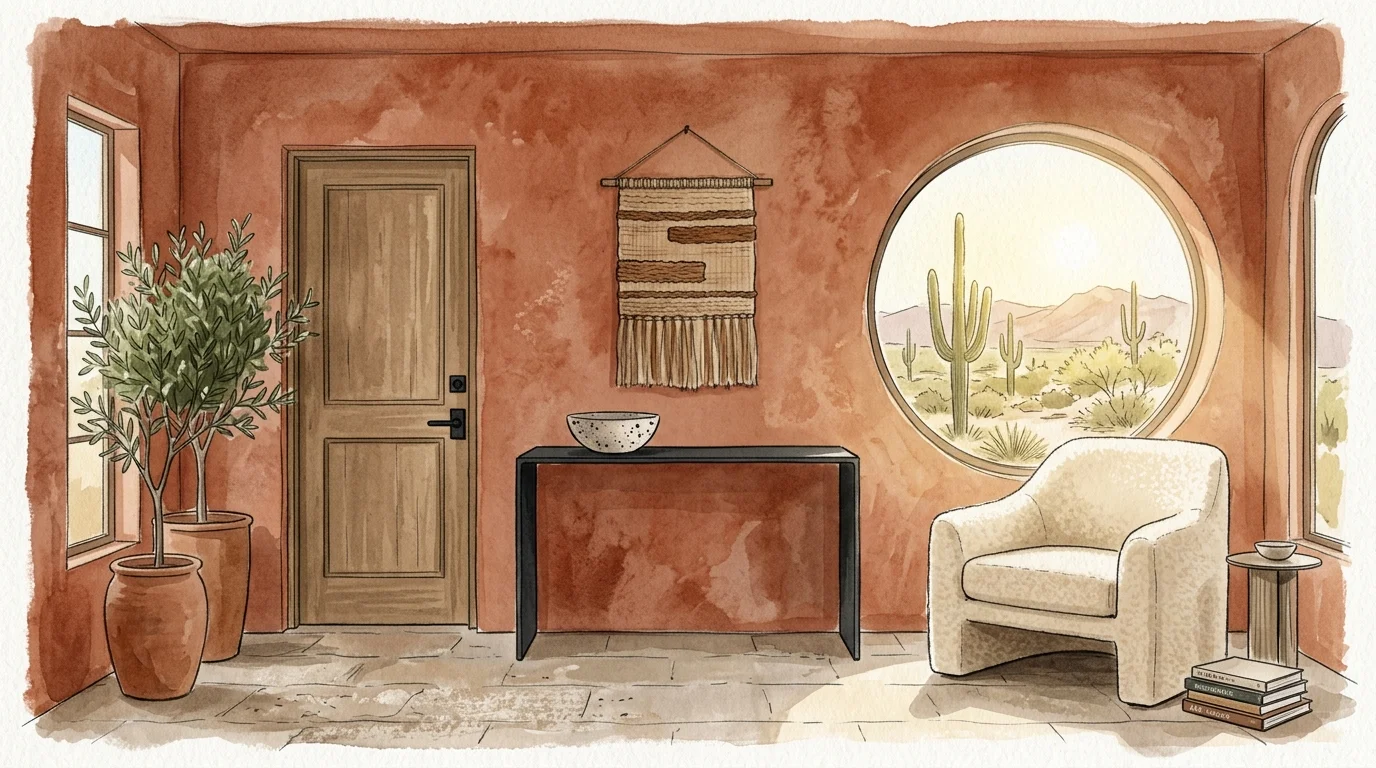 A gouache illustration of an entryway with textured terracotta rust walls, a black console table, and a creamy bouclé chair.