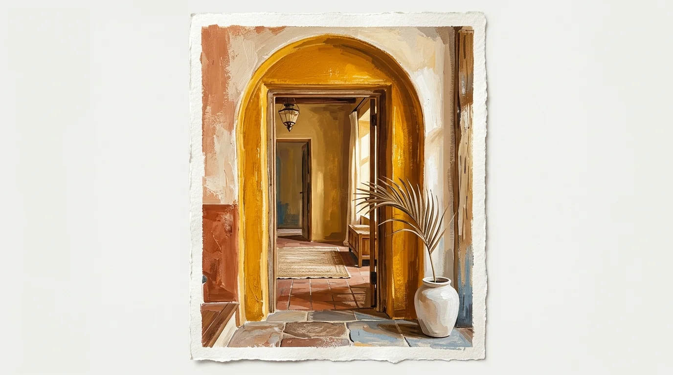 A gouache painting of an elegant arched doorway painted in deep, glowing golden ochre, catching warm sunlight.