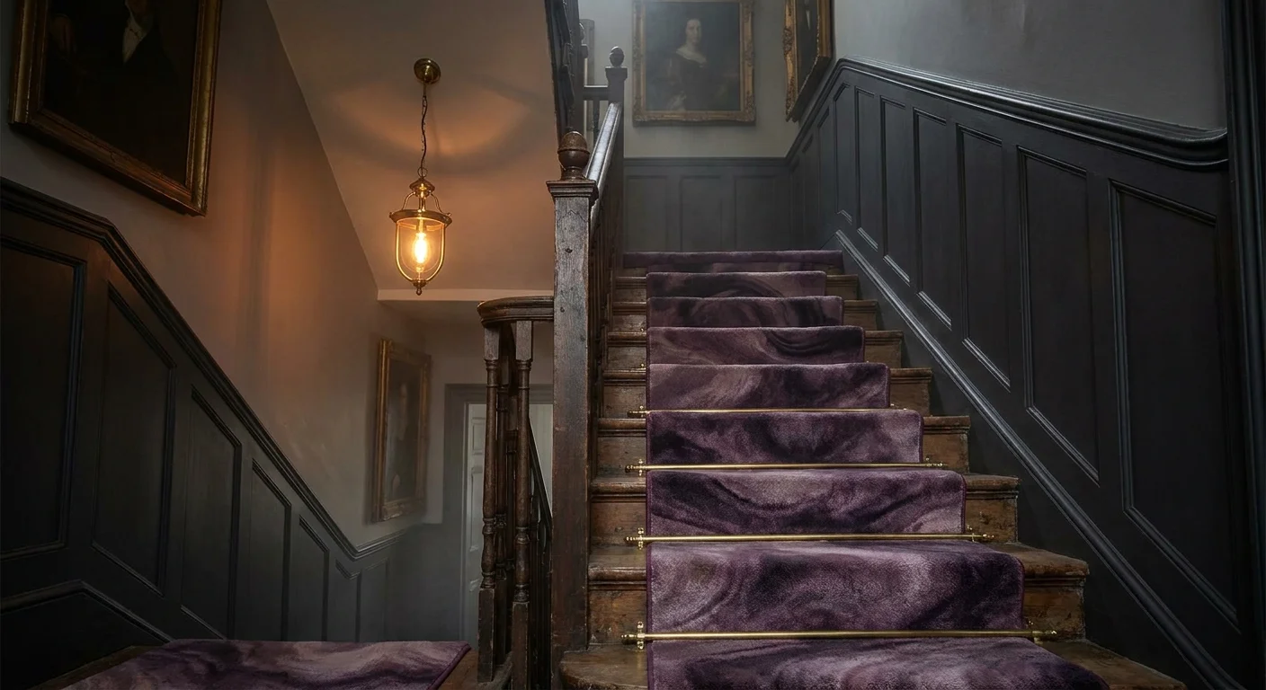 A grand staircase with a smoky plum carpet runner, brass stair rods, and dark wainscoting.