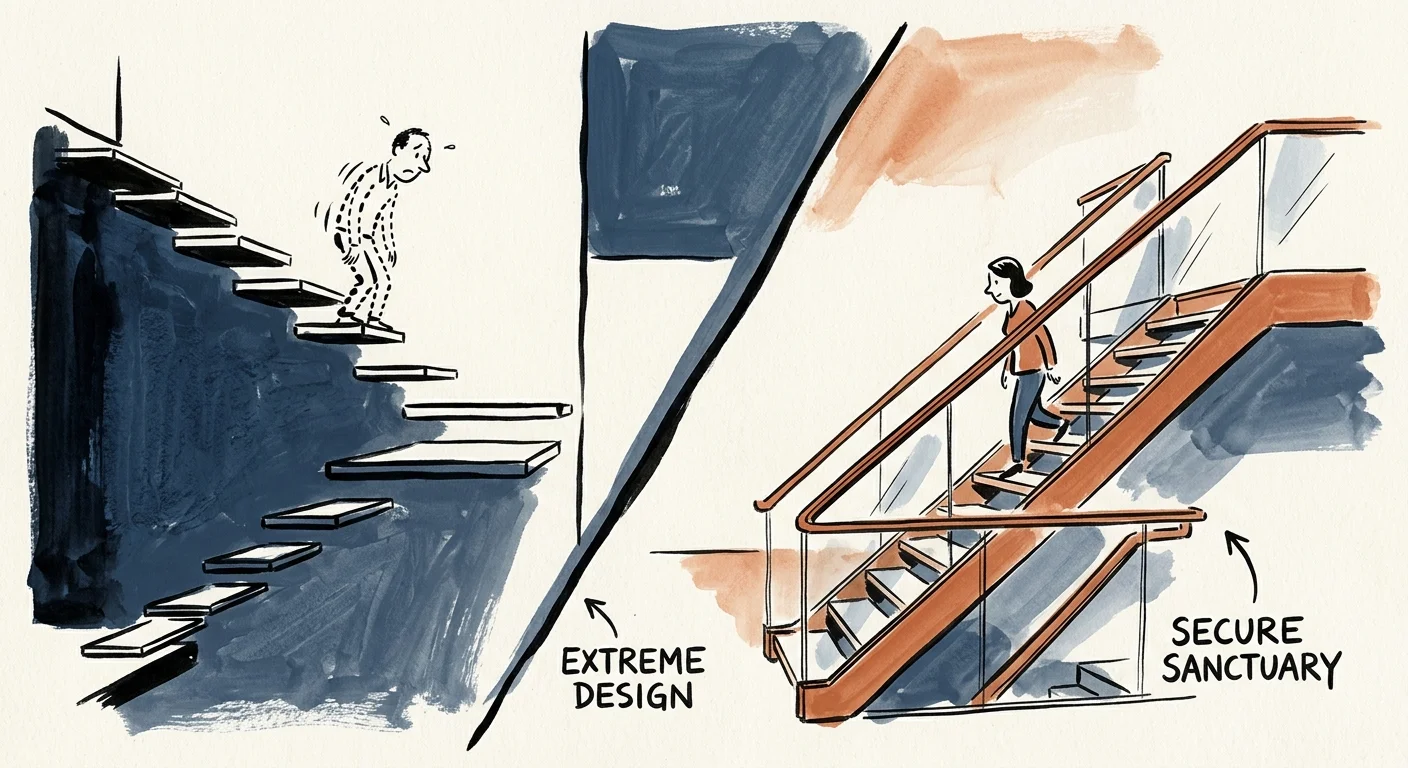 A graphic ink and gouache illustration comparing dangerous floating stairs with a safe, modern glass-enclosed staircase.