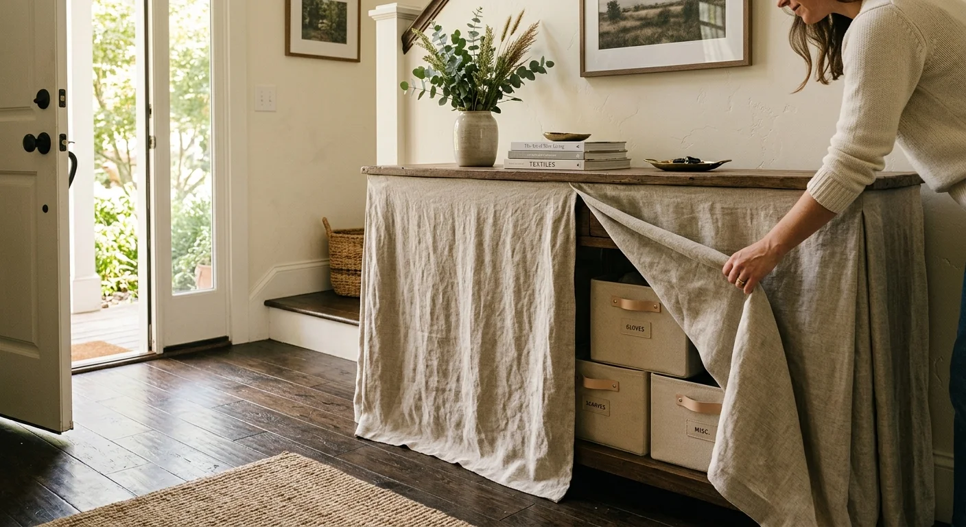 A hand parts a floor-length linen skirt on a console table, revealing hidden canvas storage boxes underneath.