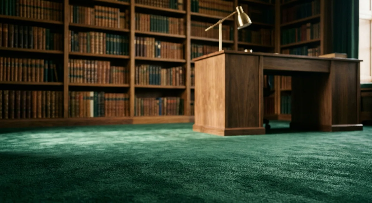 A home library featuring a luxurious deep emerald green carpet, a walnut desk, and built-in bookshelves.