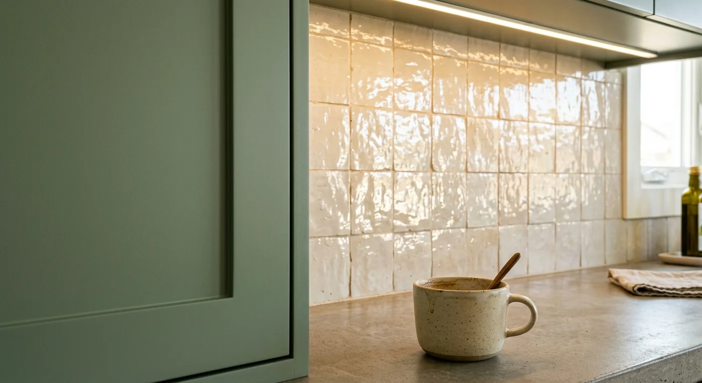 A kitchen detail showing smooth, matte sage green cabinets next to glossy, textured cream-colored Moroccan zellige backsplash tiles.