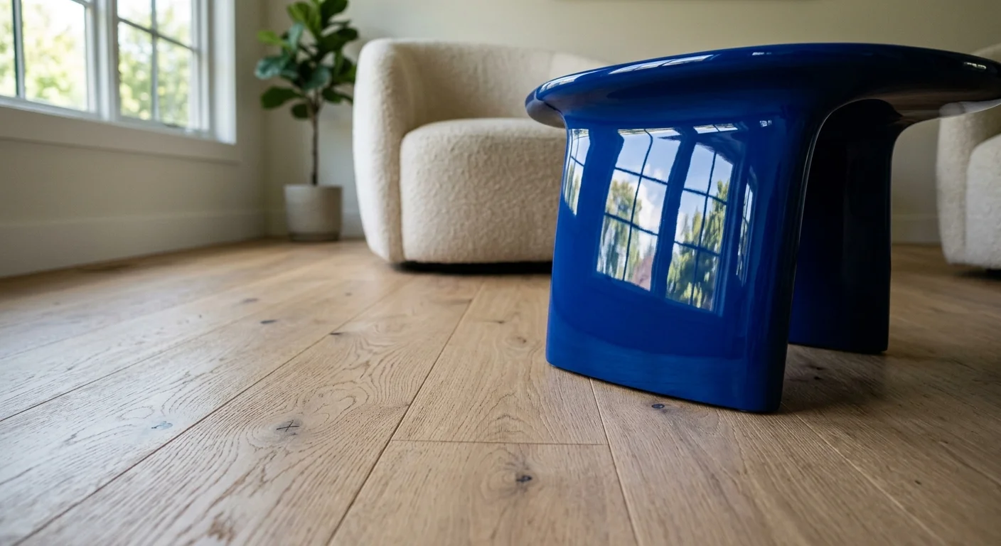A low-angle shot of a flat matte white oak floor paired with a modern, ultra-glossy cobalt blue lacquered resin side table.