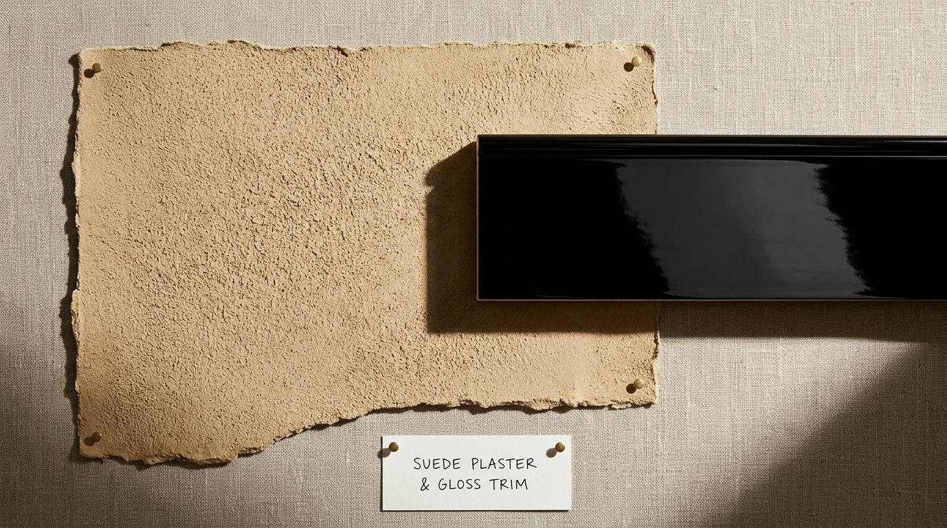 A material mood board displaying a textured, sandy suede plaster sample next to a highly reflective, black lacquered wood trim sample.