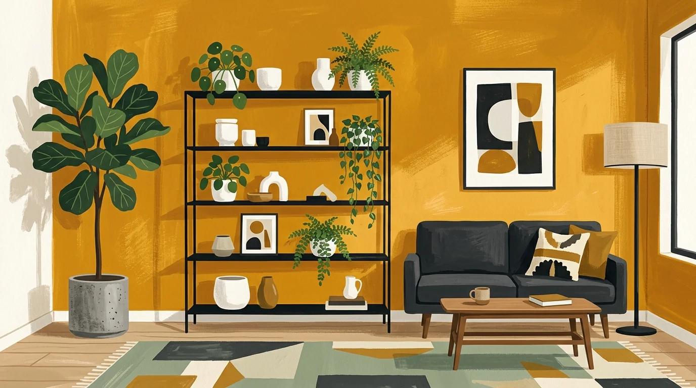 A mid-century modern gouache illustration of a living room with deep ochre yellow walls, black metal shelves, and a green plant.