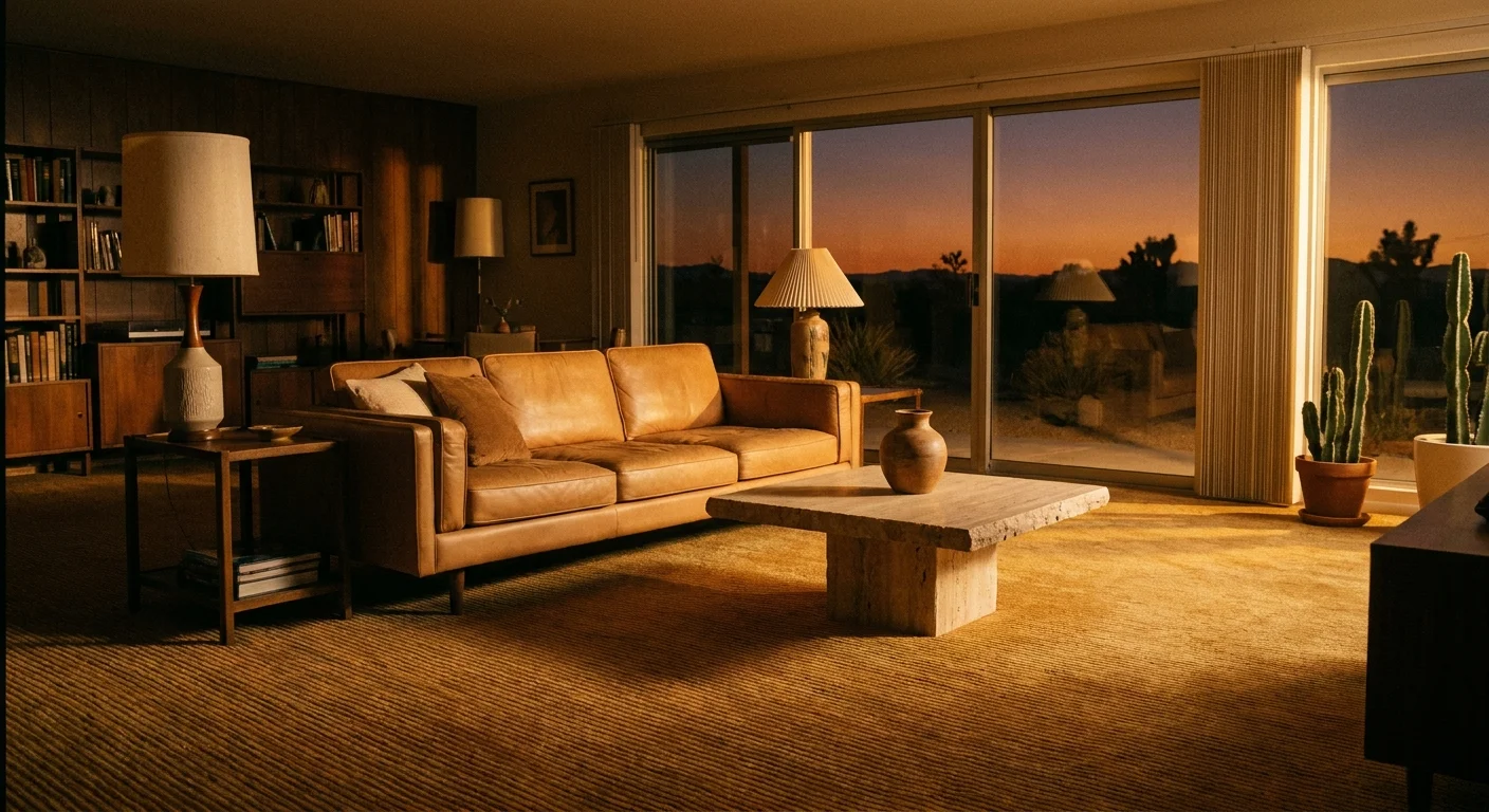 A mid-century modern living room with an ochre golden carpet, tan leather sofa, and travertine coffee table.