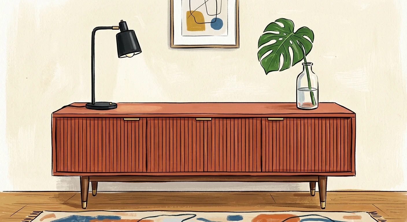 A mid-century modern terracotta credenza with vertical fluting, styled with a minimalist black lamp.