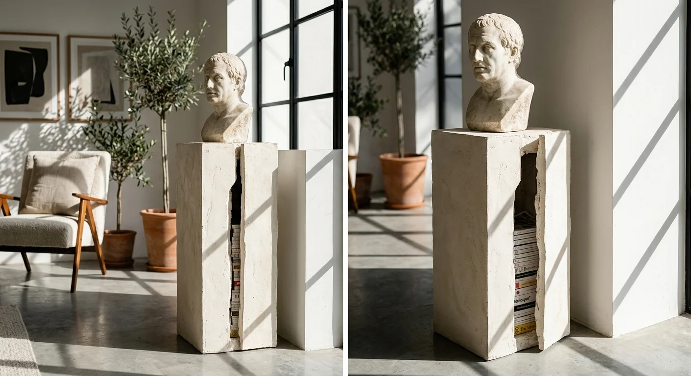 A minimalist cream plaster pedestal stand holding a marble bust, with a secret panel showing hidden storage.