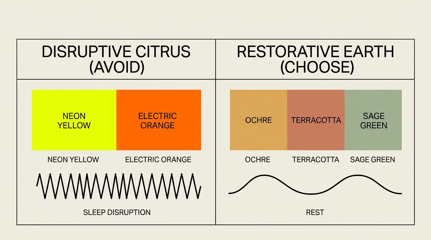 A minimalist diagram comparing disruptive neon citrus swatches with calm, restorative earth-toned swatches.