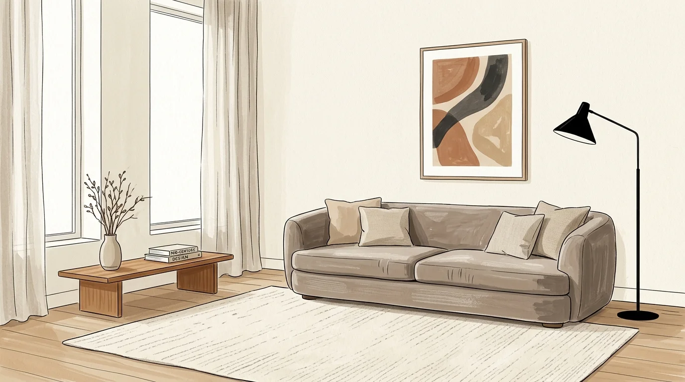 A minimalist mid-century illustration of a curved, mushroom-colored sofa on a cream rug with terracotta abstract wall art.