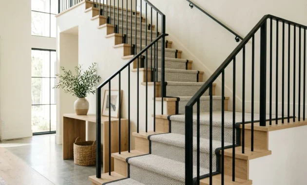 A modern entryway featuring a staircase with light oak treads, a minimalist flatweave wool runner, and slim matte black balusters.