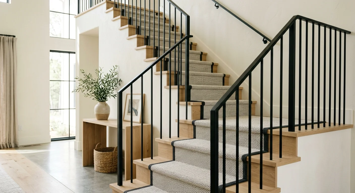 A modern entryway featuring a staircase with light oak treads, a minimalist flatweave wool runner, and slim matte black balusters.