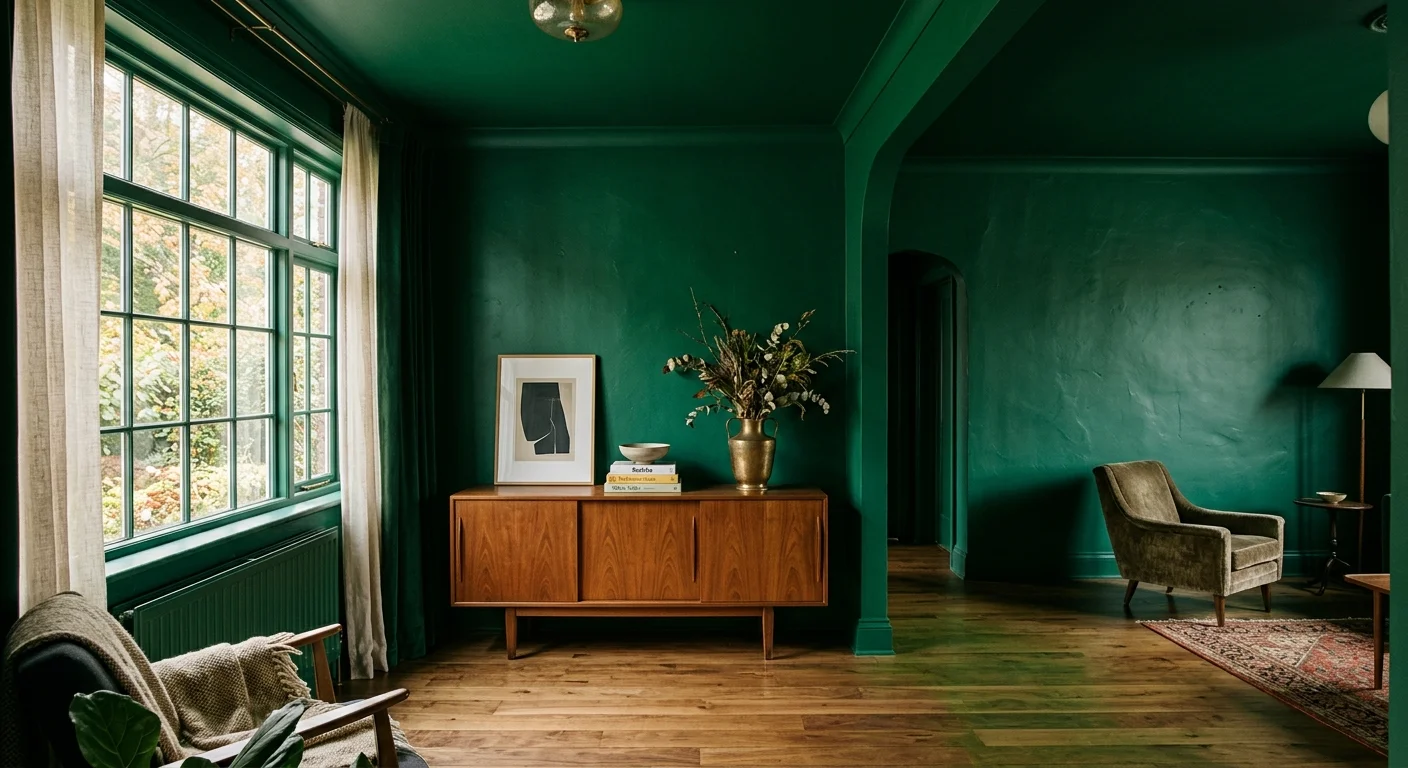 A modern living room featuring walls and a ceiling drenched in a rich, matte emerald green paint, paired with walnut wood furniture.
