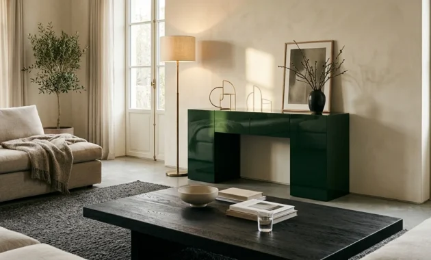 A modern living room showing the contrast between a matte charcoal wood coffee table and a high-gloss forest green lacquered console table.