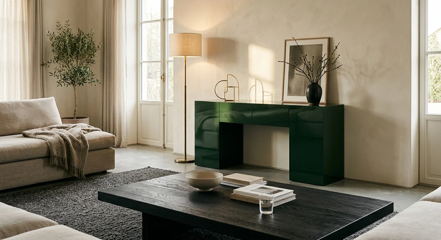 A modern living room showing the contrast between a matte charcoal wood coffee table and a high-gloss forest green lacquered console table.