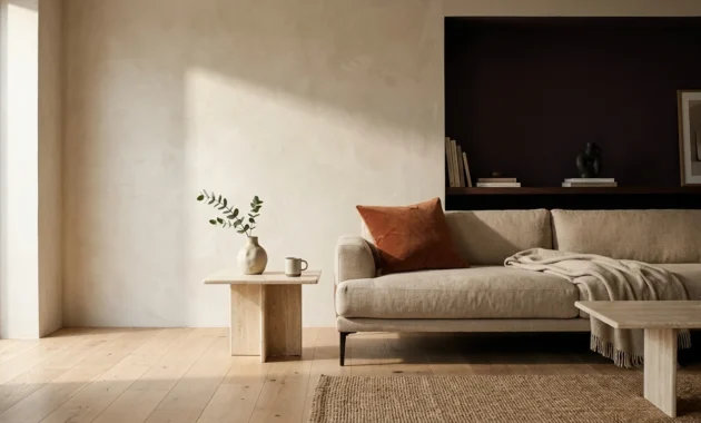 A modern living room with a neutral plaster wall transitioning to a deep aubergine alcove, showcasing warm natural lighting.