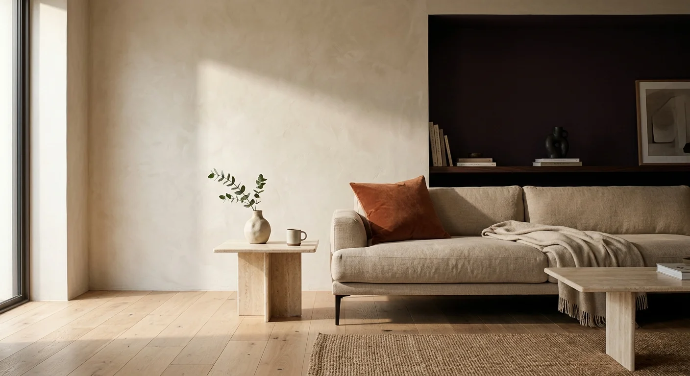 A modern living room with a neutral plaster wall transitioning to a deep aubergine alcove, showcasing warm natural lighting.