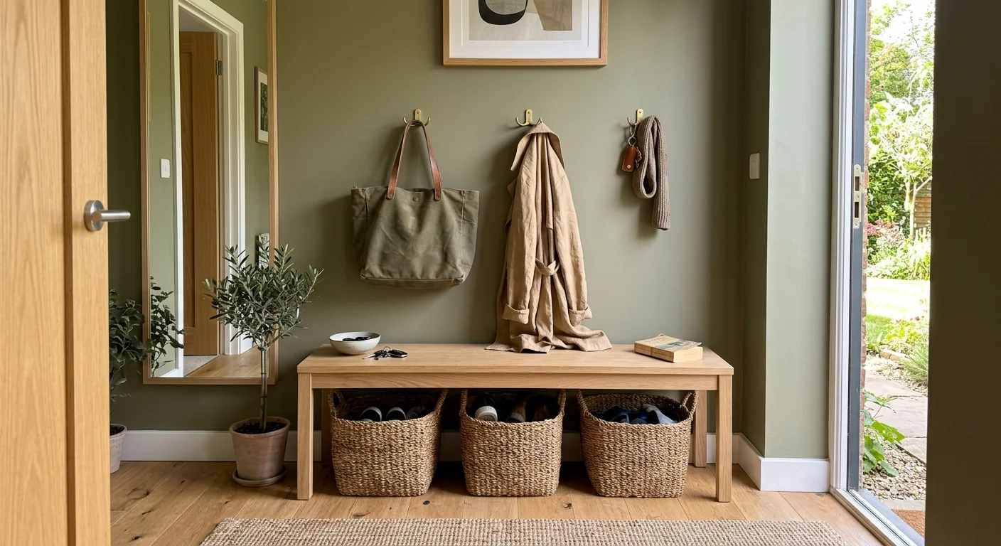 A modern mudroom with olive drab walls, a light oak bench with baskets, and brass hooks holding a canvas bag.