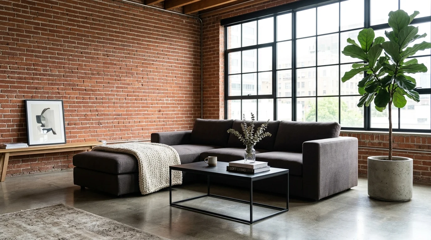 A modular charcoal grey sofa with warm undertones set in an industrial loft with exposed brick walls and polished concrete floors.