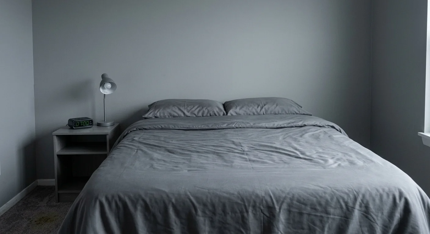 A monotonous, lifeless bedroom styled entirely in cold, flat builder-grade gray bedding and matching gray walls.