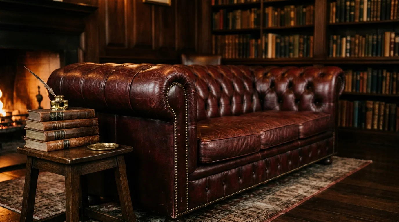 A moody, close-up photograph of a deep burgundy leather chesterfield sofa in a dark, wood-paneled study.
