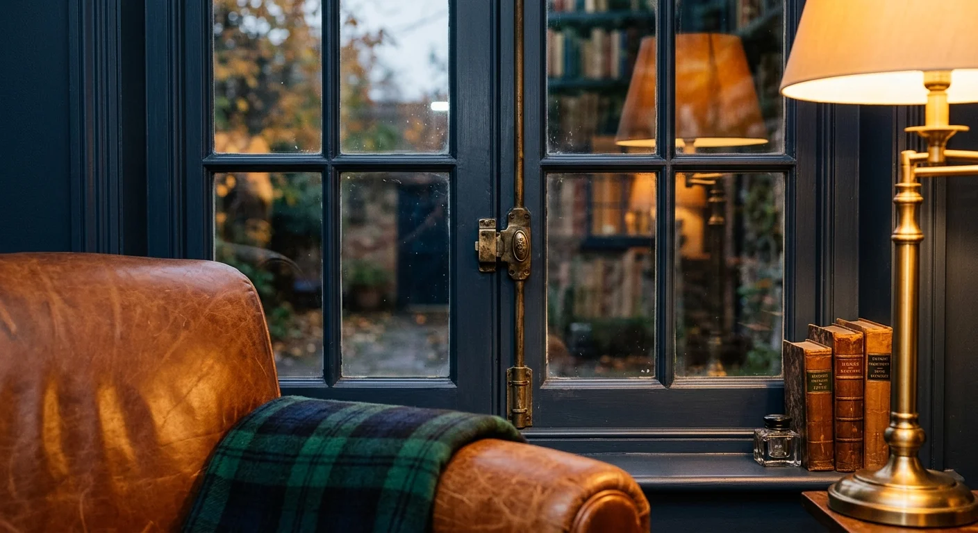 A moody library window painted in deep navy blue, with a cognac leather chair and warm amber lighting.