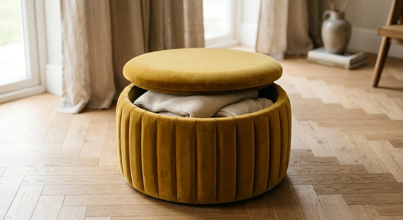 A mustard yellow fluted velvet storage ottoman on a herringbone floor with its lid slightly open to show cozy blankets.