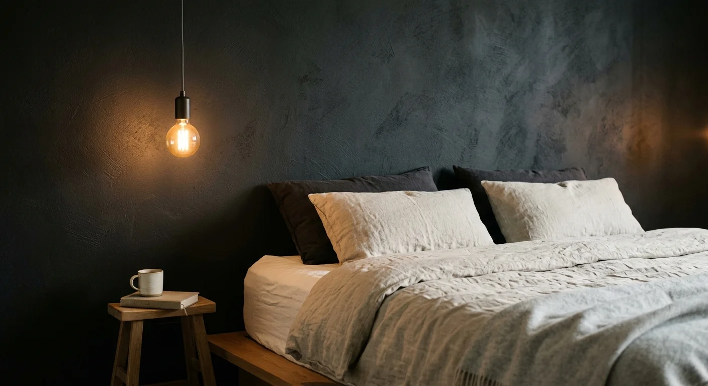 A peaceful bedroom featuring textured charcoal black walls, linen bedding in neutral tones, and a warm pendant light.